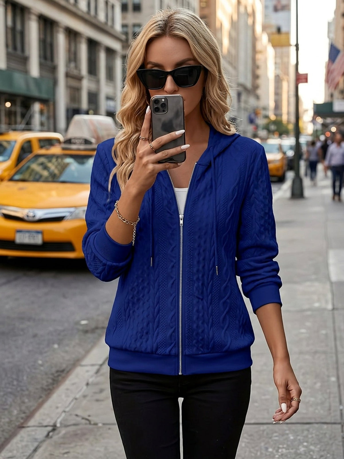 Delia | Textured Zip-Up Hooded Jacket